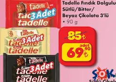TADELLE FINDIK DOLGULU SÜTLÜ/BİTTER/BEYAZ ÇİKOLATA 3'LÜ 90 G fiyat ve kampanya bilgisi